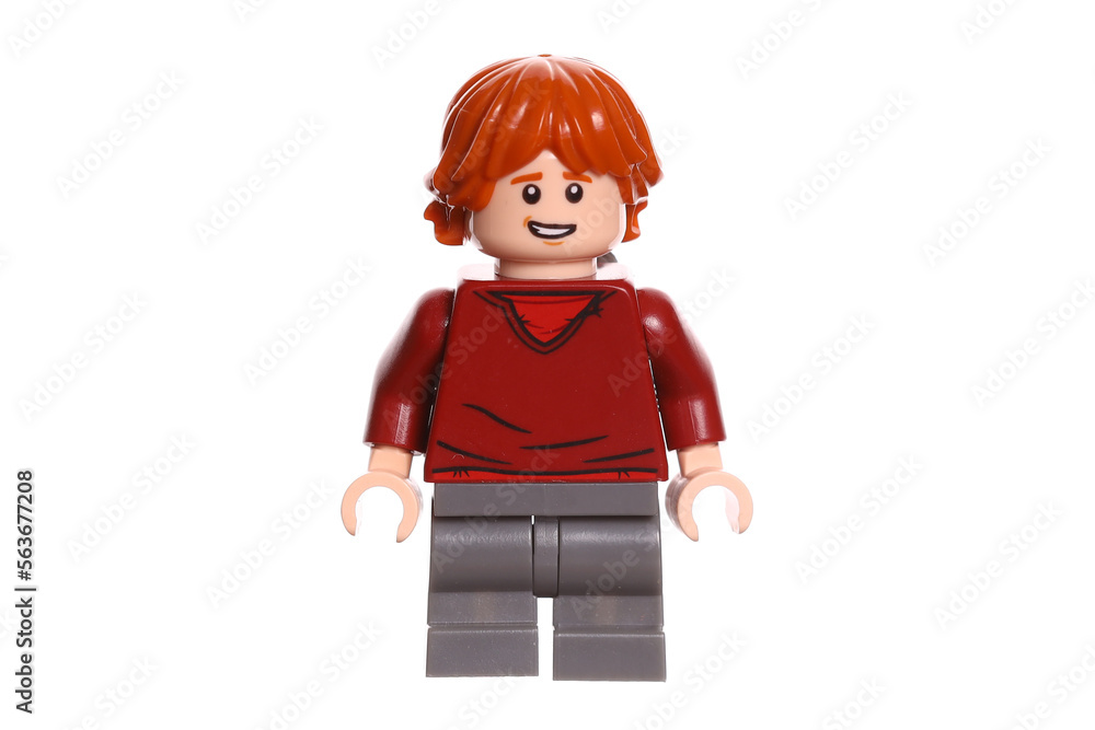 Naklejka premium Russia Vyborg 01.22.2023 Lego figure Ron Weasley isolated on white background
