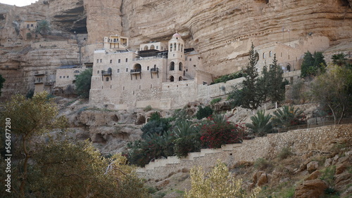 The Monastery of Saint George of Choziba in Wadi Qelt in Area C of the eastern West Bank in the Jericho Governorate of the State of Palestine in the month of January