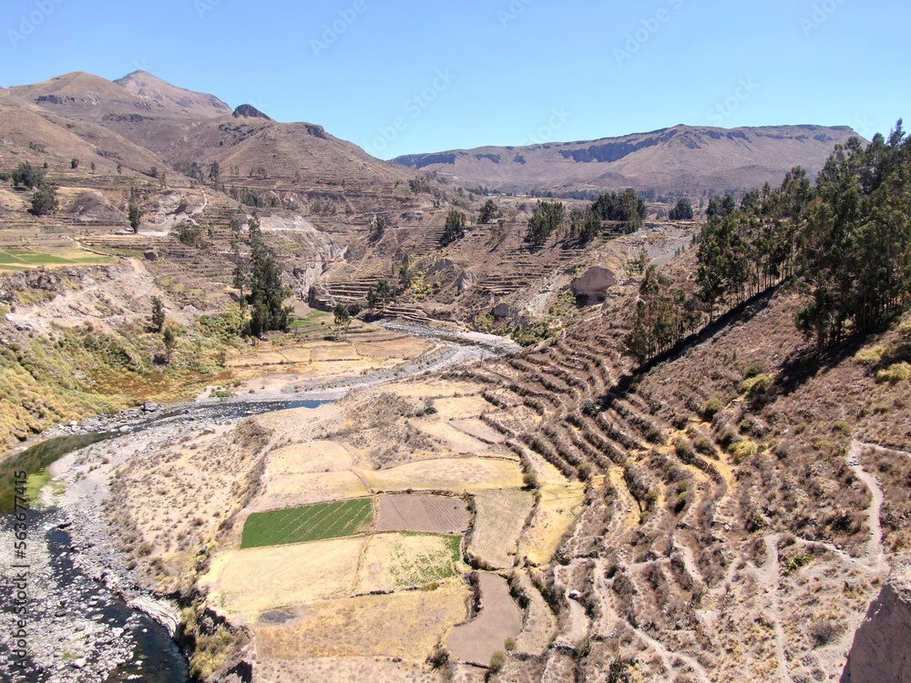 Peru from above: Colca Canyon close to colca lodge landscape with agriculture and high mountains