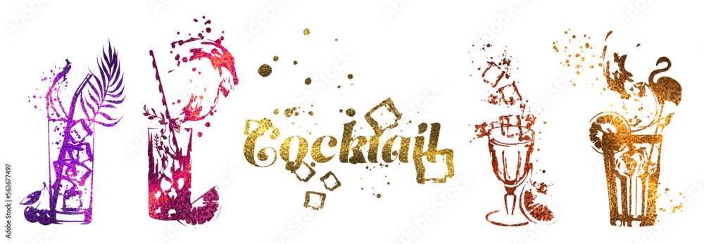 Fototapeta premium Set of cocktail glasses - Cocktail bar menu. Vector elements for restaurant and cafe. Design template with different colorful cocktails.