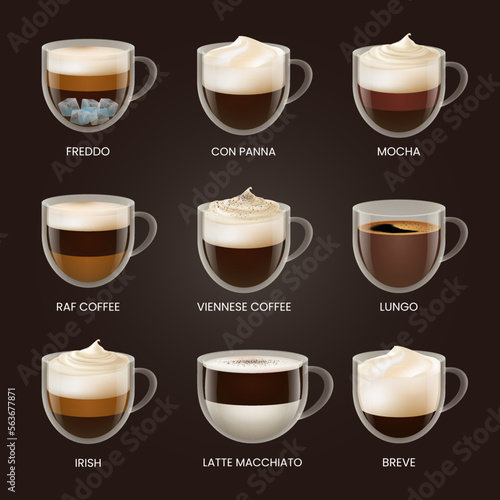 Delicious coffee set isolated. Freddo, con panna, mocha, raf coffee, viennese coffee, lungo, irish, latte macchiato, breve. Drink vector illustration design