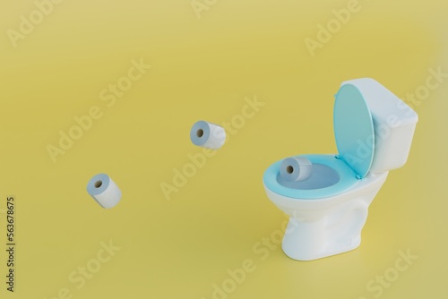 daily hygiene in the restroom. toilet bowl with an open lid from which rolls of toilet paper fly out. 3D render