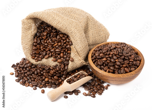 Coffee beans in bowl and burlap isolated on white background.