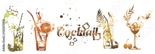 Set of cocktail glasses - Cocktail bar menu. Vector elements for restaurant and cafe. Design template with different colorful cocktails.