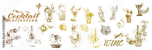 Vector hand drawn template illustration of wine, bottle, glass and cocktail. Art for menu, shop, market or sale. With wine splashes - colorful. Sketchy collection of grape leaves and bottles.