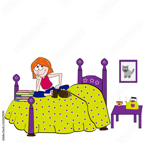 Niña feliz sentada en la cama con libros