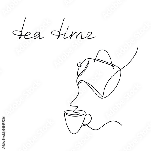 Vector tea cup and teapot icon with one line continuous text. Handwritten calligraphic text. Design element for print, banner, card, wall art, logo, brochure, poster.