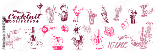 Vector hand drawn template illustration of wine, bottle, glass and cocktail. Art for menu, shop, market or sale. With wine splashes - colorful. Sketchy collection of grape leaves and bottles.