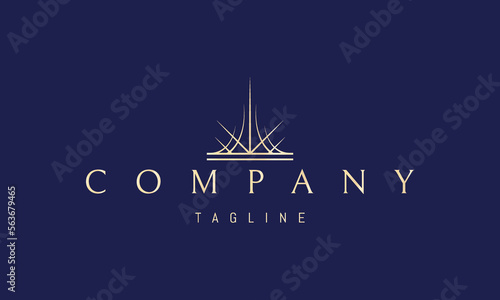 Vector golden logo on which an abstract image of a shining tower in a linear style.