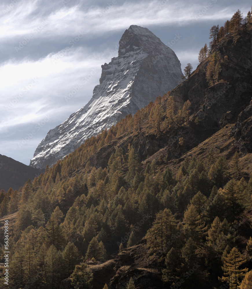 View of the Matterhorn from Zermatt showing Autumn colours