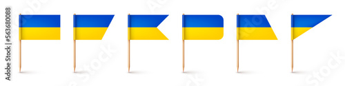 Realistic various Ukrainian toothpick flags. Souvenir from Ukraine. Wooden toothpicks with paper flag. Location mark, map pointer. Blank mockup for advertising and promotions. Vector illustration