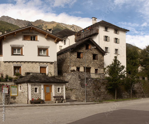 Buildings overlooking bus station in Mesocco, Swiss Canton of Grisons