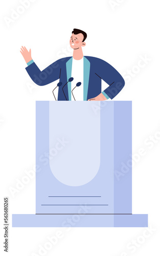 Man speaker speaks behind podium with microphone. Presidental election, balloting, public speech, presentation.