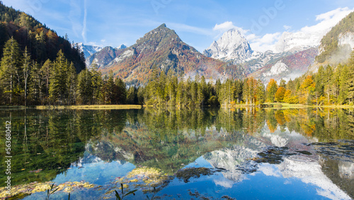 Beautiful view at the lake Schiederweiher in Austria on an autumn morning
