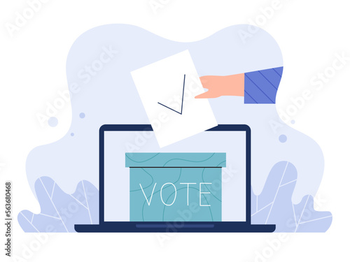 Online voting, survey, poll concept. Hand puts the ballot in election box, which is on screen of laptop.
