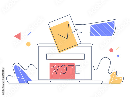 Online voting, survey, poll concept. Hand puts the ballot in election box, which is on screen of laptop.