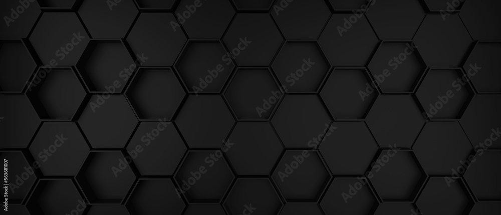 Black hexagons background banner, 3d render illustration. Black hexagons background banner, 3d render illustration.