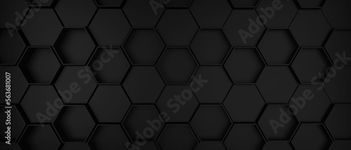 Black hexagons background banner, 3d render illustration.