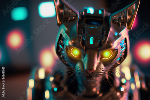 Cybernetic cat pet with biomechanical technology with yellow glowing eyes. Generative AI technology.