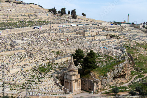 Kidron Valley and jewish cemetery in Mount of Olives. Tomb of Absalom photo