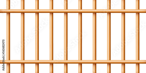 Realistic wooden lattice, rural picket fence. Farm or village house boundary, garden enclosing planks. Detailed wooden jail cage. Criminal background mockup. Creative vector illustration