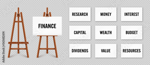 Realistic paint desk with text on white canvas. Wooden easel and a sheet of drawing paper. Presentation board on a tripod. Business investment, economics and finance. Vector illustration