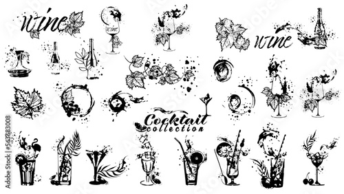 Vector hand drawn template illustration of wine, bottle, glass and cocktail. Art for menu, shop, market or sale. With wine splashes - colorful. Sketchy collection of grape leaves and bottles.