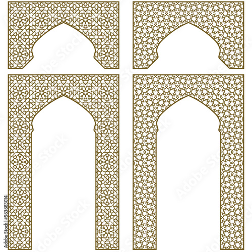 Arches and frames. Four design elements. Two Arabic geometric ornaments. Brown color.