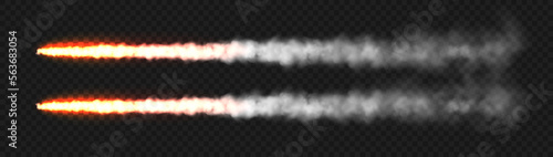 Realistic white smoke with fire, space rocket launch trail. Fire burst, explosion. Missile or bullet trace. Jet aircraft track. Smoke clouds, fog. Steam flow. Vector illustration