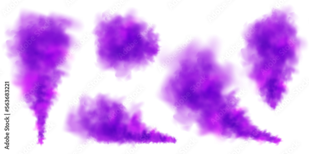 Violet colorful smoke clouds isolated on white background, realistic mist effect, fog. Vapor in the air, steam flow. Vector illustration