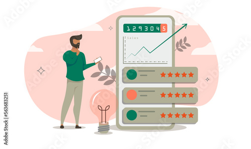 Gain of investment or money management analysis, financial market, stock exchange market report concept, economic growth, businessman investor holding money coin analyze graph and financial graph.