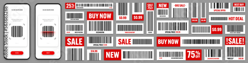 Product barcodes. Smartphone application, scanner app. Sale stickers, discount label or promotional badge. Serial number, product ID. Store, supermarket scan labels, price tag. Vector illustration