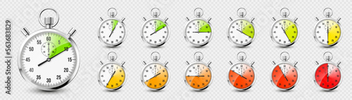 Realistic classic stopwatch icons. Shiny metal chronometer, time counter with dial. Red countdown timer showing minutes and seconds. Time measurement for sport, start and finish. Vector illustration