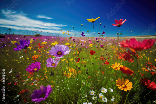 Beautiful flower meadow with a blue sky, Generative AI