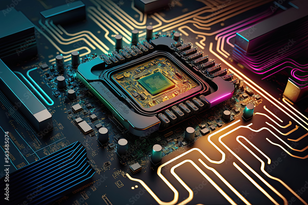 Futuristic Circuitry: Abstract Computer Motherboard and Processor with Cyberspace Lighting and Colorful Background. Generative AI Futuristic Circuitry: Abstract Computer Motherboard and Processor with Cyberspace Lighting and Colorful Background. Generative AI