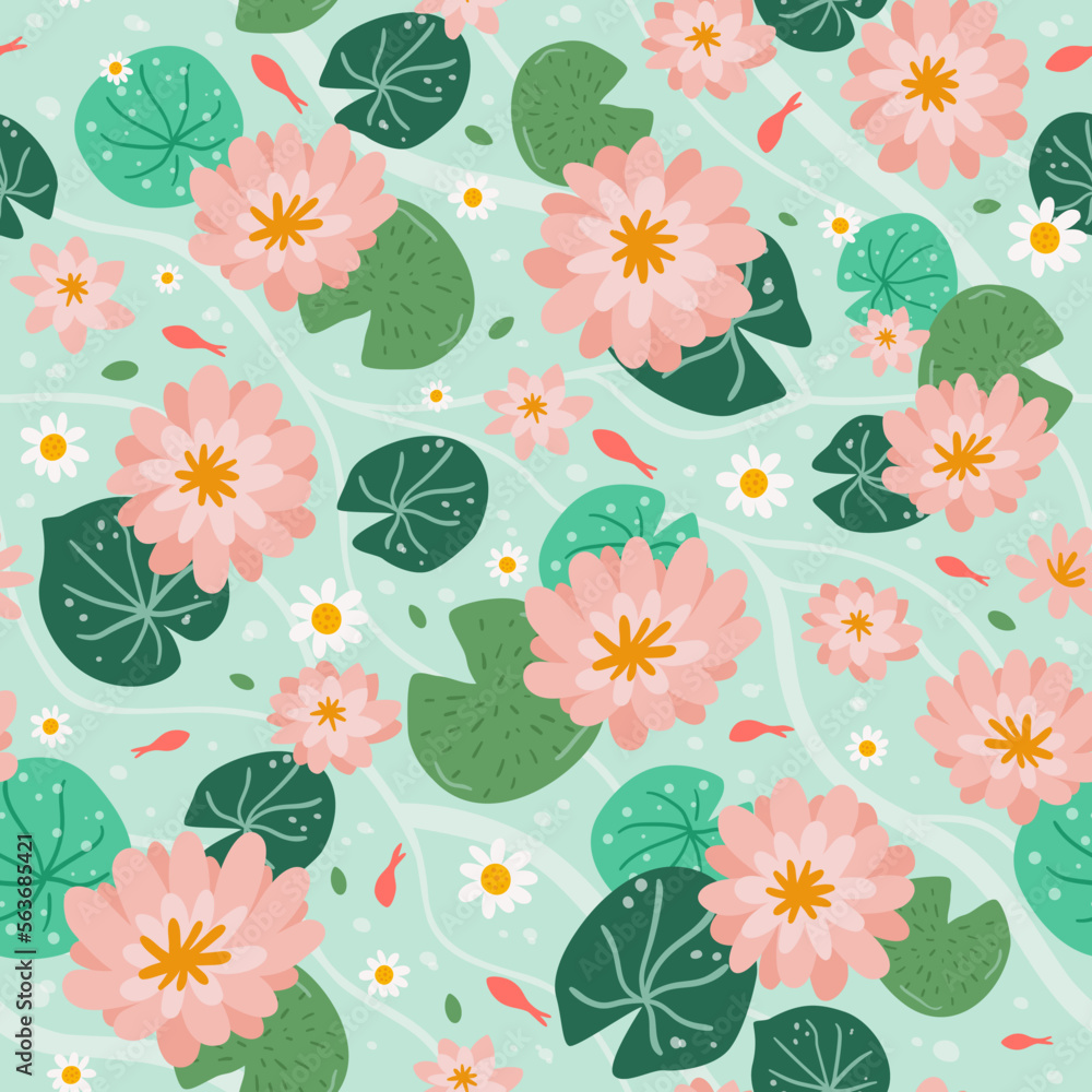 Lotus pond with koi fish seamless pattern. Asian water lily flowers, leaves, fish repeat background. Pink japanese lotus flowers on the surface of river wallpaper.Chinese floral vector illustration.
