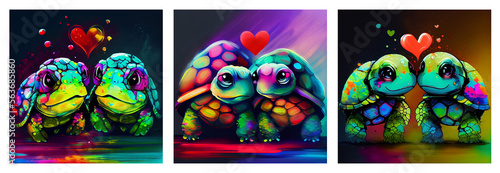 Set of adorable turtles with hearts. AI generative.