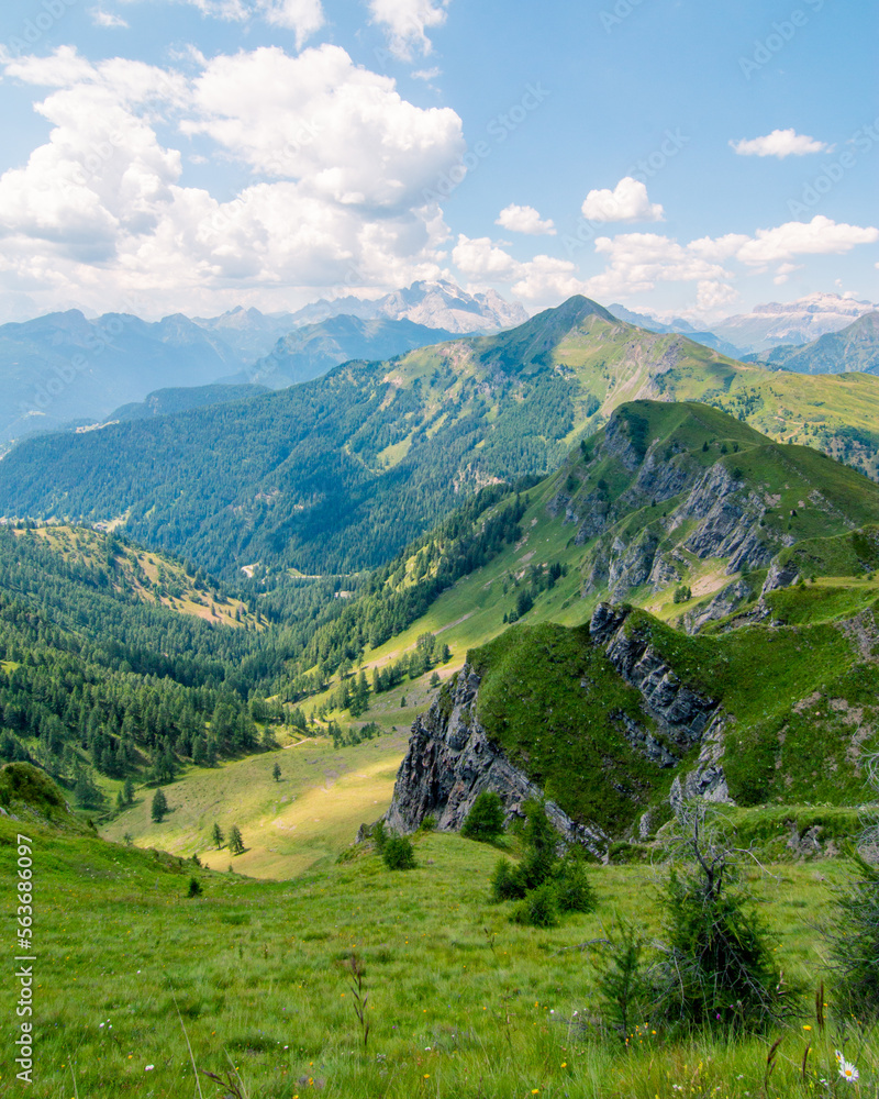 Vertical landscape typical of the Alps with beautiful green meadows, mountains and valleys on a nice sunny day . Popular travel destination. Summer tourism. Italian Alps, Dolomites, Italy.
