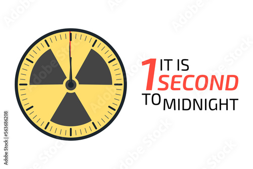 It is 1 second to the midnight banner with watch and radiation sign. Doomsday alarm poster. Doomsday clock. Symbol of global catastrophe, apocalypse sign. Flat vector illustration.