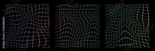 Distorted neon grid pattern. Abstract glitch background. Set collection. Retrowave, synthwave, rave, vaporwave. Blue, black, pink purple colors. Trendy retro 1980s, 90s style. Print, poster, banner.