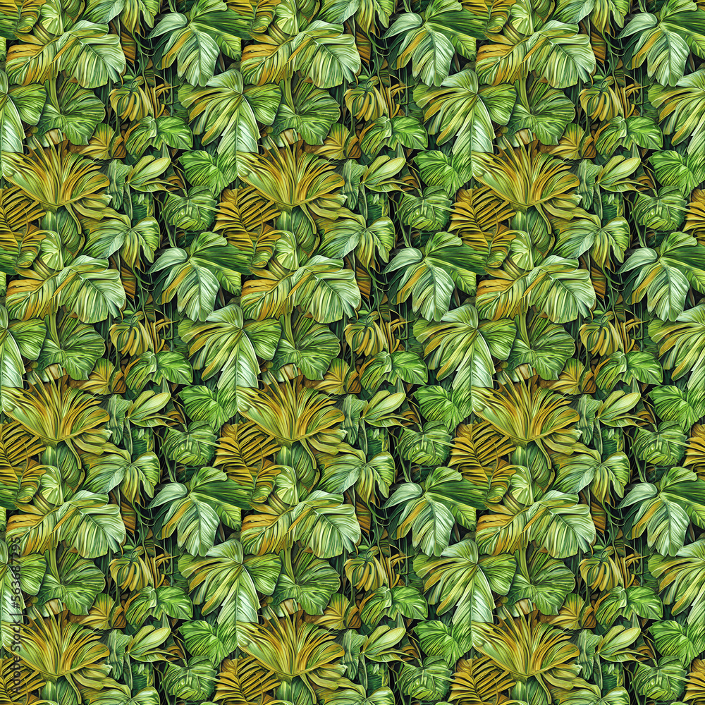 Obraz premium Abstract Green Tropical Leaves Seamless Patter for Fabric or Textile Texture Print. Trendy Watercolor Style Background with Jungle Palm Leaves, Fern and Ornamental Wild Plants, Generative AI art.