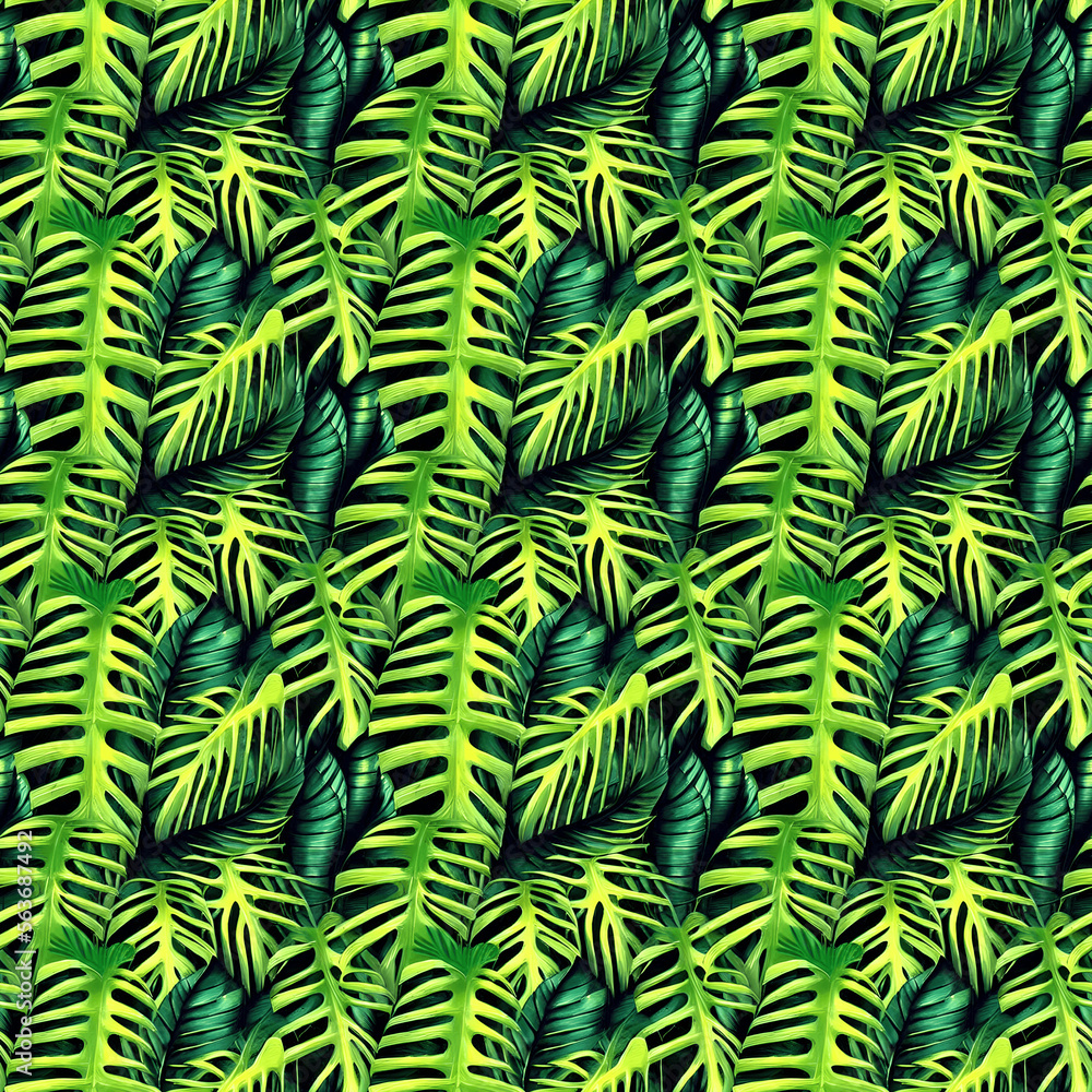 Abstract Green Tropical Leaves Seamless Patter for Fabric or Textile Texture Print. Trendy Watercolor Style Background with Jungle Palm Leaves, Fern and Ornamental Wild Plants, Generative AI art.