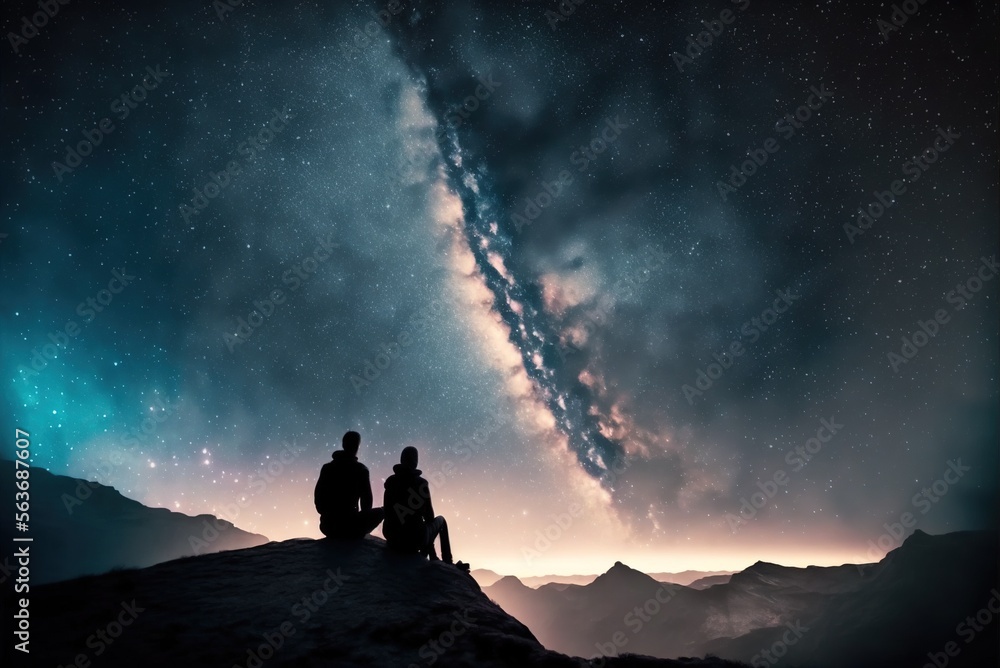 Couple is sitting at the top of the mountain looking at the stars and milky way galaxy created with Generative AI technology