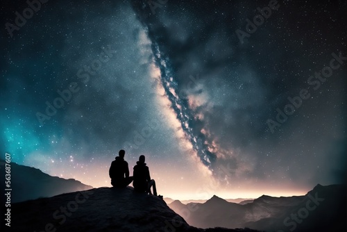 Couple is sitting at the top of the mountain looking at the stars and milky way galaxy created with Generative AI technology