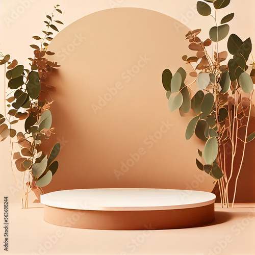 Empty beige background, a low wooden podium and a few branches of eucalyptus....
