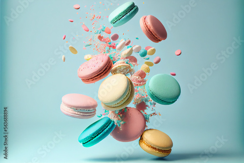 Pastel colored macarons in motion falling on light pink. Illustration AI Generative photo