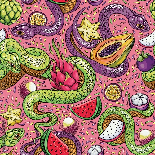 pattern of snakes and juicy fruits, colorful snakes and tropical fruits. Sketch for printing on fabric, especially bag, accessories and design. Vector, trend