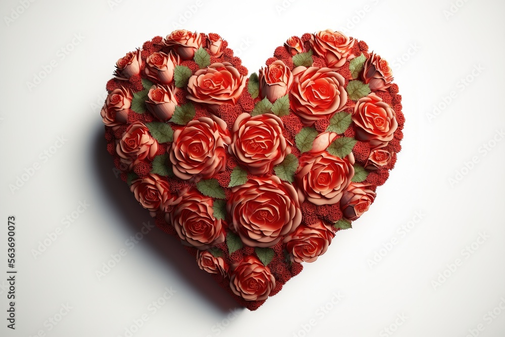 Valentines day heart made of red roses on a white background created with Generative AI technology Valentines day heart made of red roses on a white background created with Generative AI technology