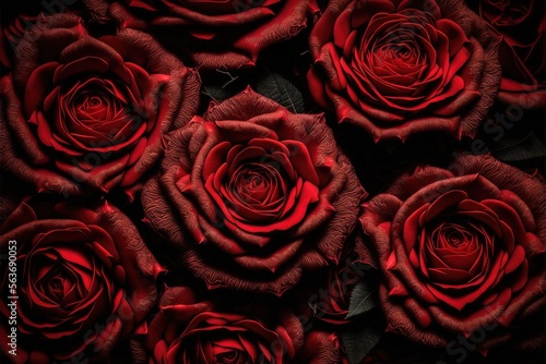 Red roses on a dark black background created with Generative AI technology