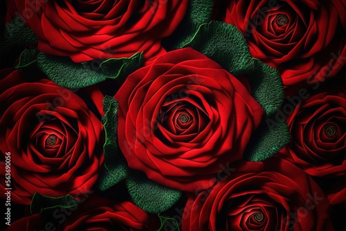 Red roses on a dark black background created with Generative AI technology